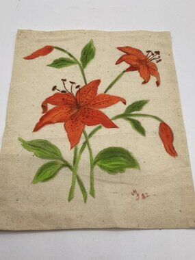 Textile Art Vintage 1982 Tiger Lilies Hand Painted on Linen 8.5"x6.5" Signed